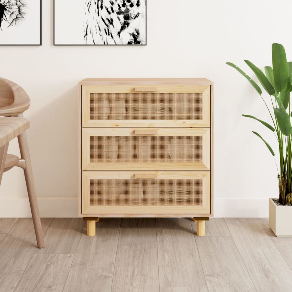 vidaXL Sideboard Weiß 60x30x70 cm Massivholz Kiefer und Natur-Rattan