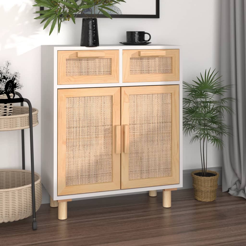 vidaXL Sideboard Weiß 60x30x75 cm Massivholz Kiefer und Natur-Rattan