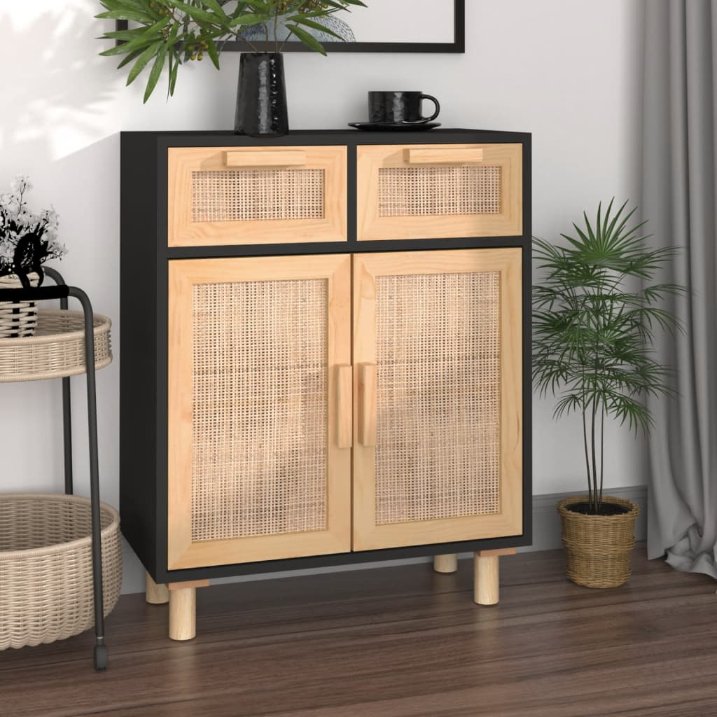 vidaXL Sideboard Weiß 60x30x75 cm Massivholz Kiefer und Natur-Rattan
