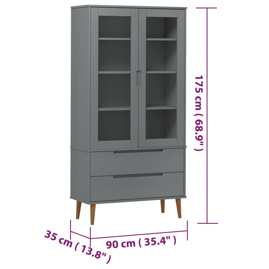 vidaXL Vitrinenschrank MOLDE Grau 90x35x175 cm Massivholz Kiefer
