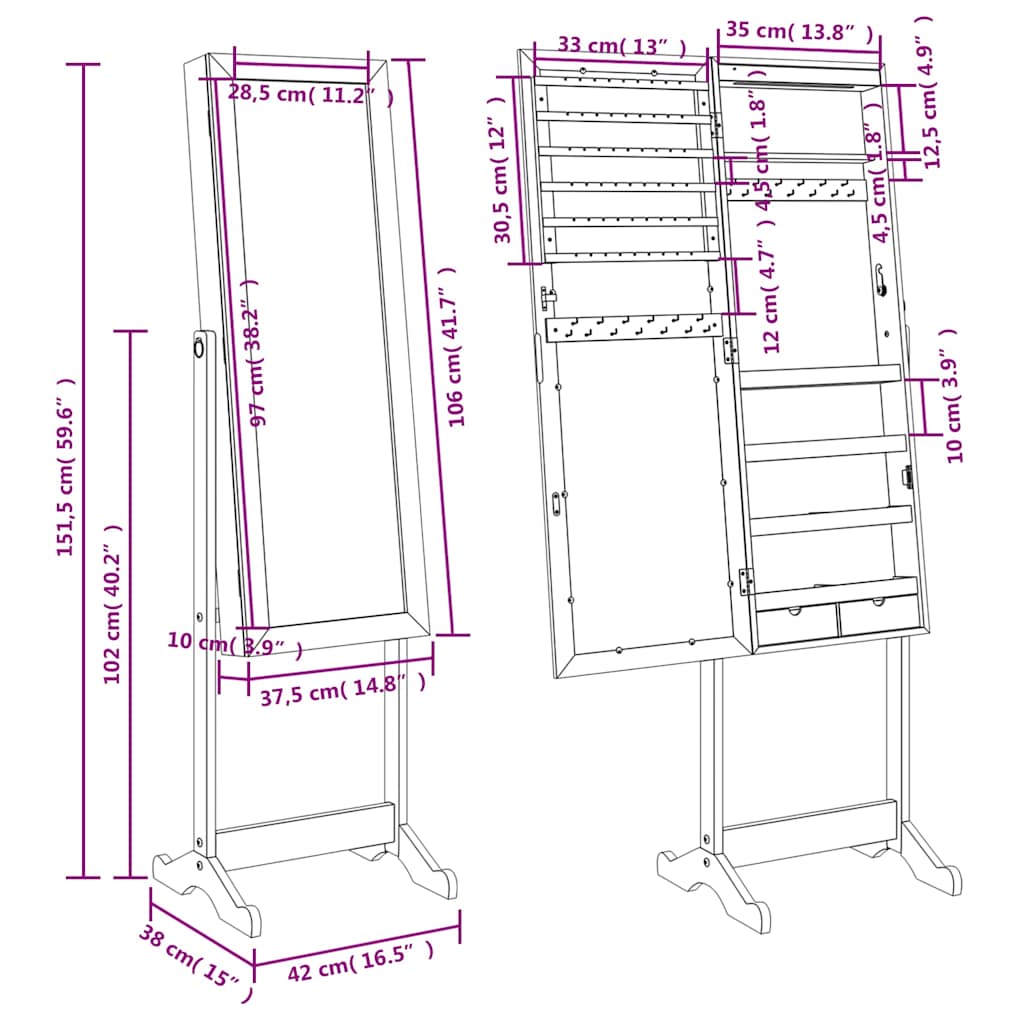 vidaXL Schmuckschrank mit Spiegel & LED-Beleuchtung Freistehend Weiß