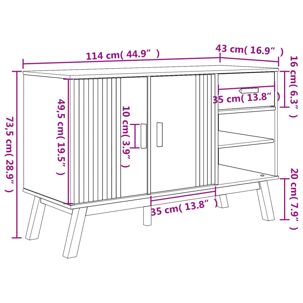 vidaXL Sideboard OLDEN Braun 114x43x73,5 cm Massivholz Kiefer