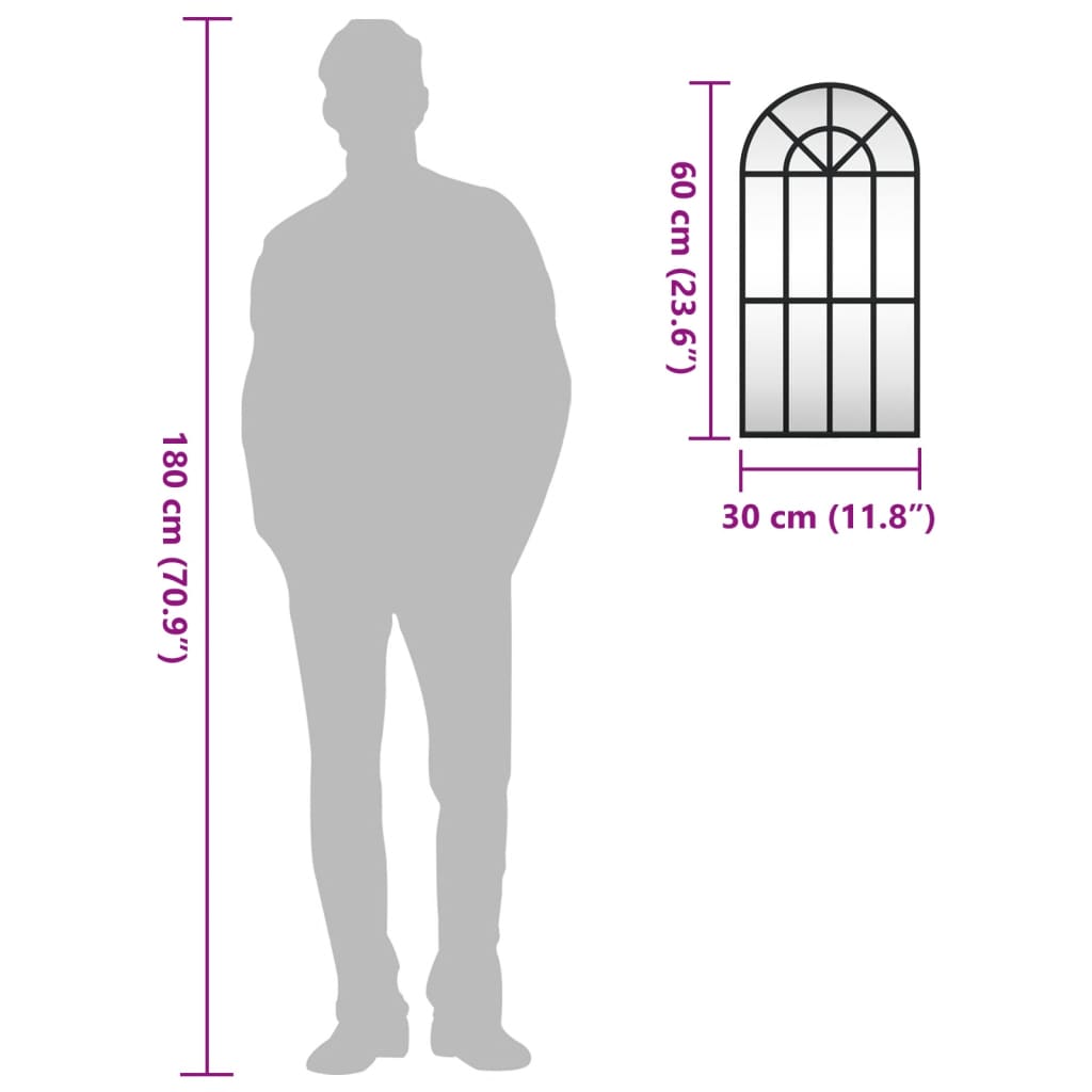 vidaXL Wandspiegel Schwarz 30x60 cm Gewölbt Eisen