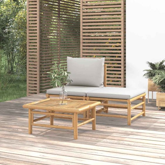 vidaXL 3-tlg. Garten-Lounge-Set mit Hellgrauen Kissen Bambus