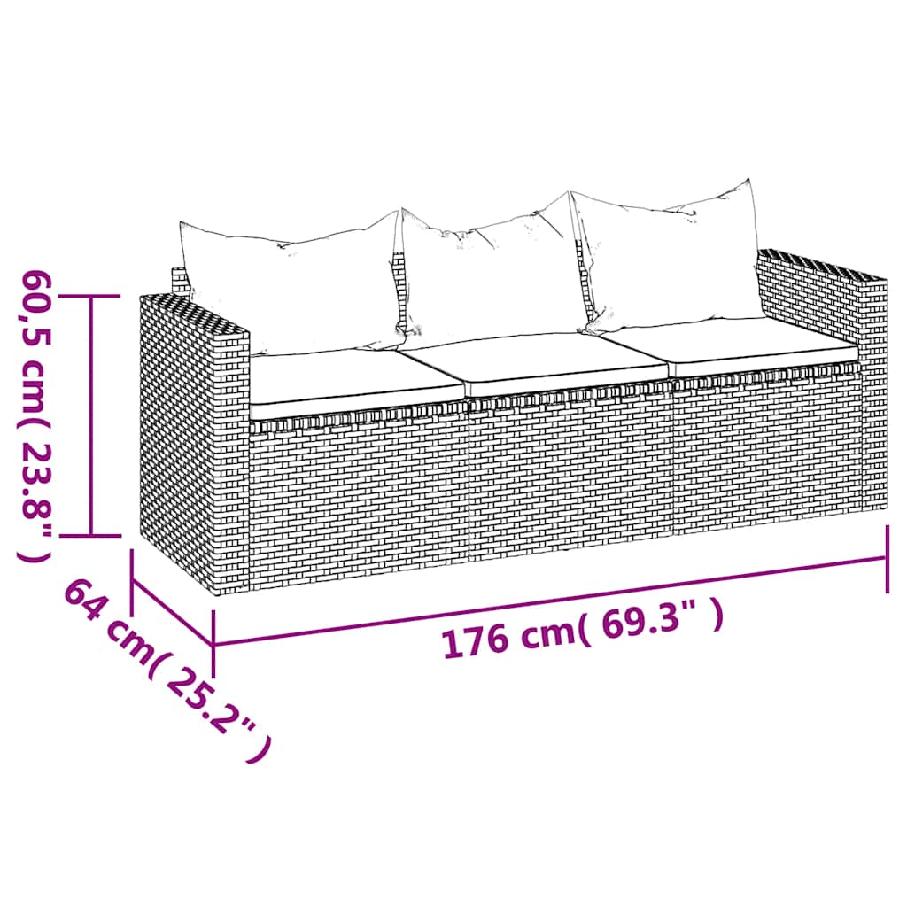 vidaXL Gartensofa 3-Sitzer mit Kissen Braun Poly Rattan