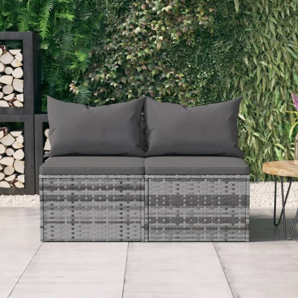 vidaXL Garten-Mittelsofas mit Kissen 2 Stk. Schwarz Poly Rattan