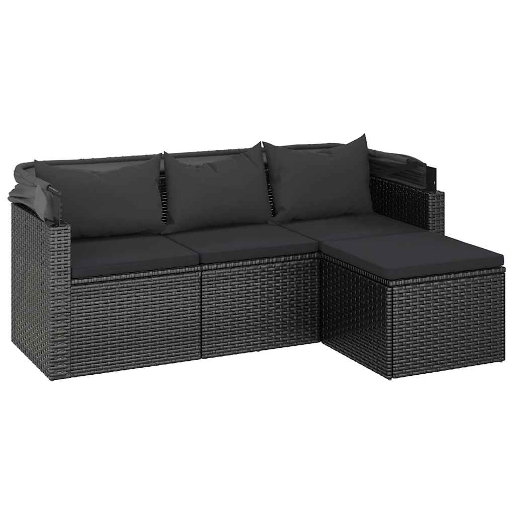 vidaXL 3-Sitzer-Gartensofa mit Dach und Fußhocker Schwarz Poly Rattan