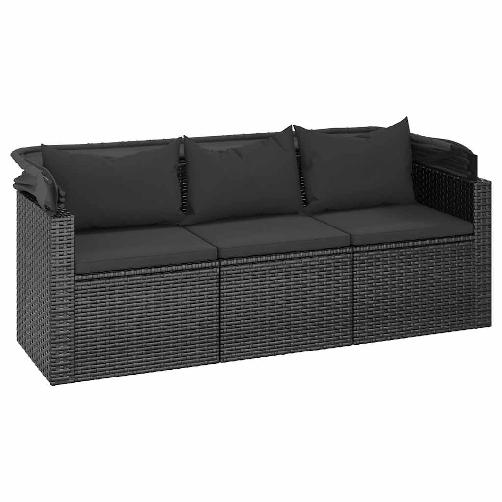 vidaXL 3-Sitzer-Gartensofa mit Dach und Fußhocker Schwarz Poly Rattan