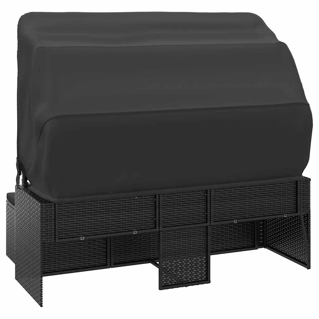 vidaXL 3-Sitzer-Gartensofa mit Dach und Fußhocker Schwarz Poly Rattan