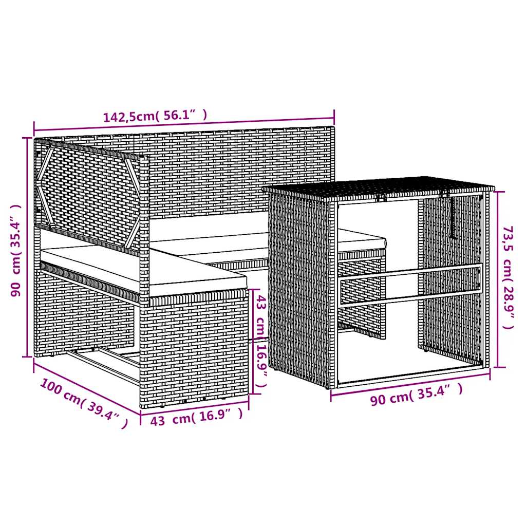 vidaXL Gartensofa in L-Form mit Tisch und Kissen Braun Poly Rattan
