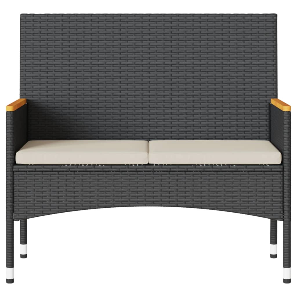 vidaXL Gartenbank 2-Sitzer mit Kissen und Tisch Schwarz Poly Rattan
