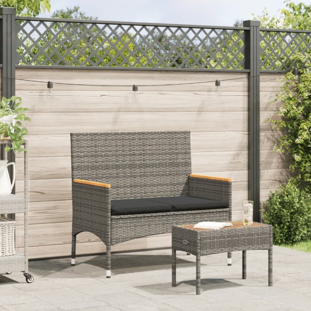 vidaXL Gartenbank 2-Sitzer mit Kissen und Tisch Schwarz Poly Rattan