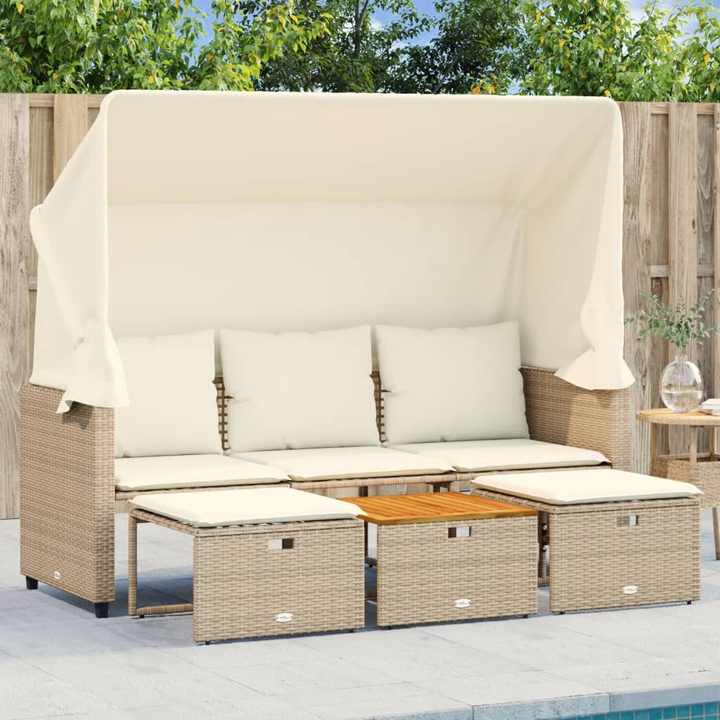 vidaXL Outdoor-Sofa 3-Sitzer mit Dach und Hockern Schwarz Poly-Rattan