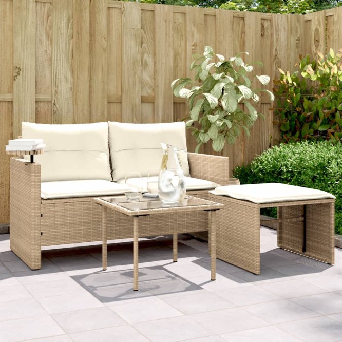 vidaXL 3-tlg. Garten-Sofagarnitur mit Kissen Schwarz Poly Rattan