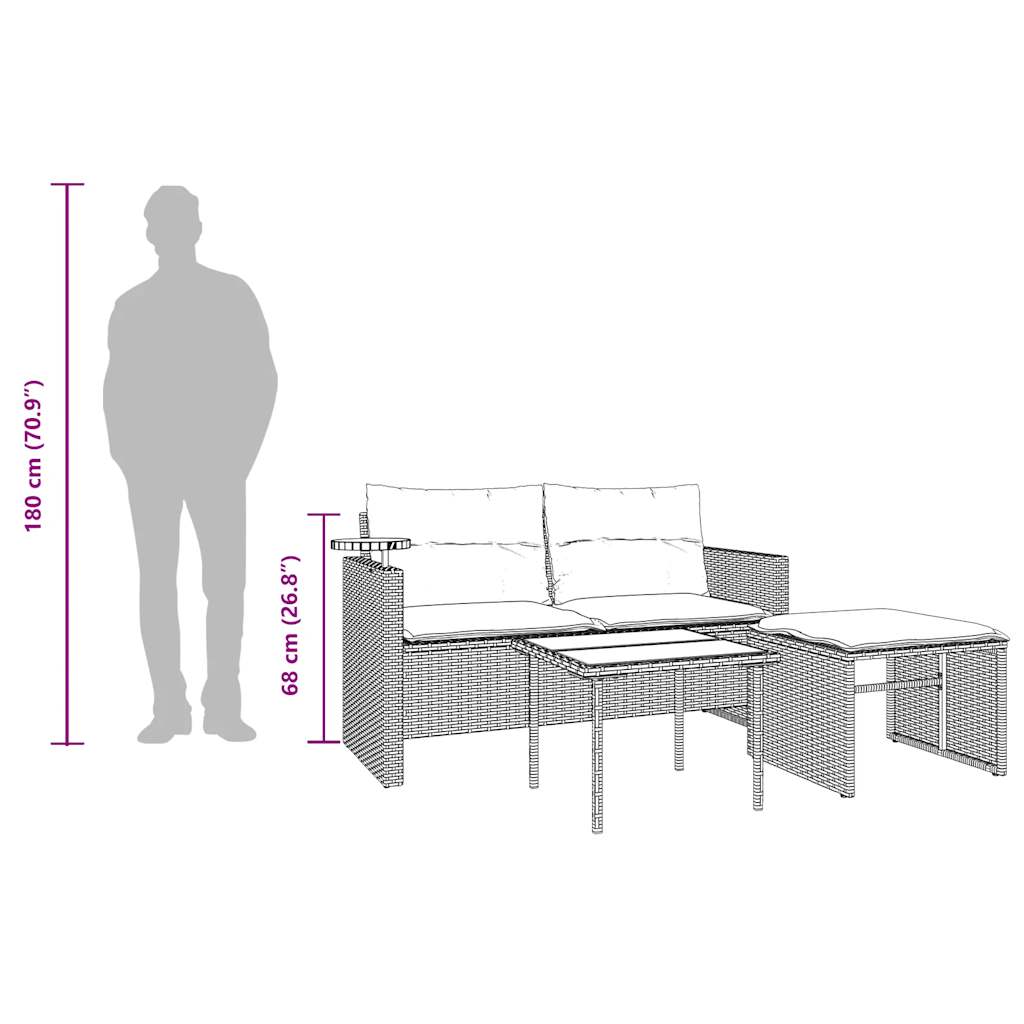 vidaXL 3-teiliges Gartensofa-Set mit Kissen, grau, Polyrattan