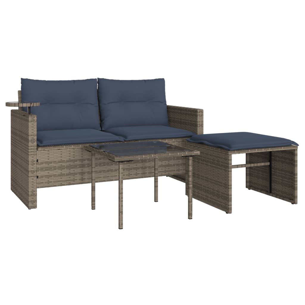 vidaXL 3-teiliges Gartensofa-Set mit Kissen, grau, Polyrattan