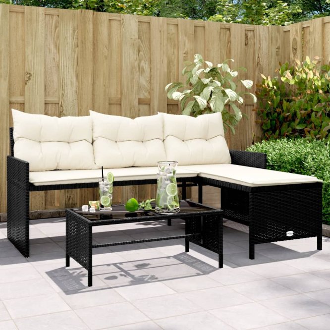 vidaXL Gartensofa in L-Form mit Tisch und Kissen Schwarz Poly Rattan