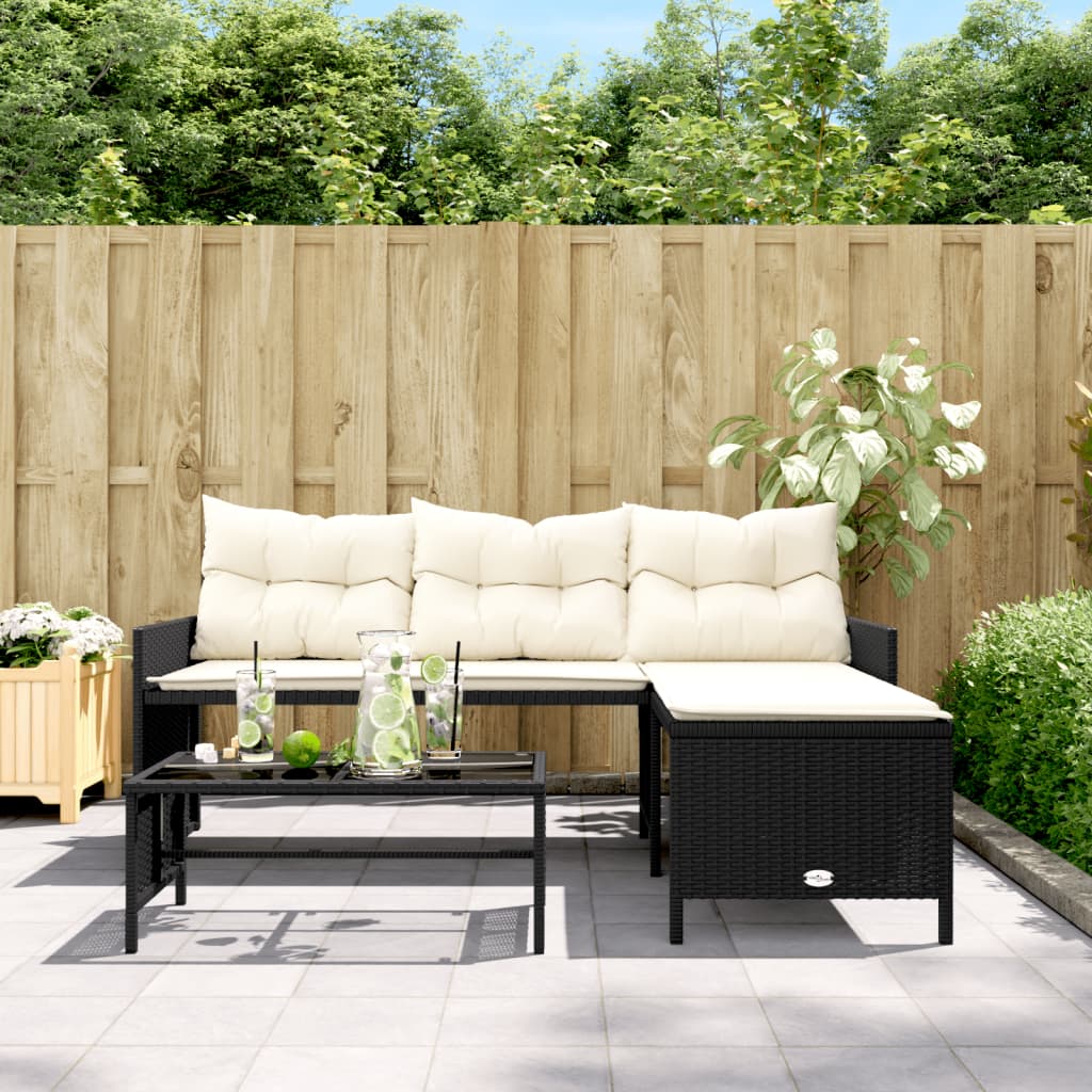vidaXL Gartensofa in L-Form mit Tisch und Kissen Schwarz Poly Rattan