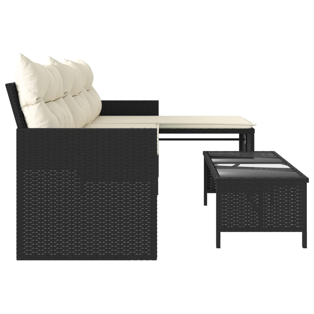 vidaXL Gartensofa in L-Form mit Tisch und Kissen Schwarz Poly Rattan