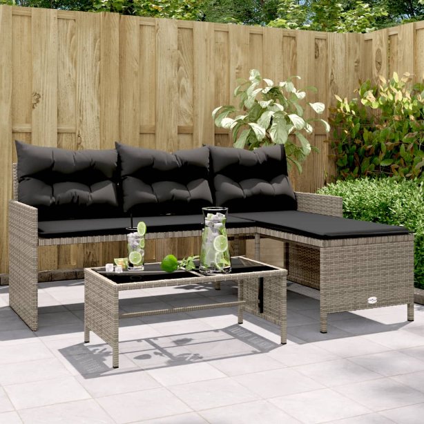 vidaXL Gartensofa in L-Form mit Tisch und Kissen Schwarz Poly Rattan