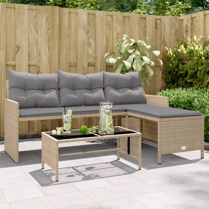 vidaXL Gartensofa in L-Form mit Tisch und Kissen Schwarz Poly Rattan