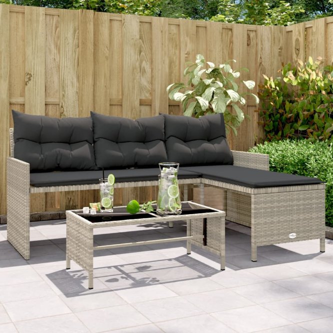 vidaXL Gartensofa in L-Form mit Tisch und Kissen Schwarz Poly Rattan