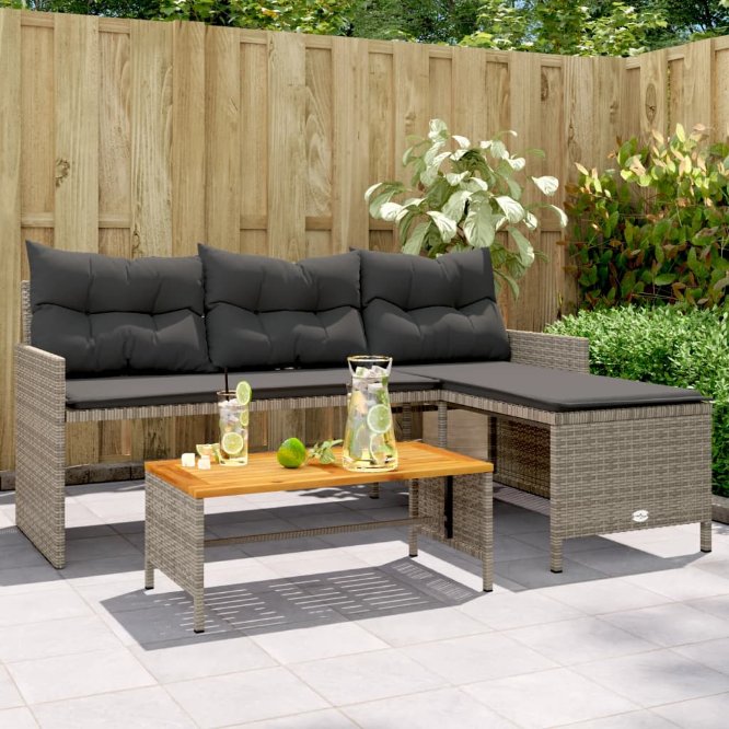 vidaXL Gartensofa in L-Form mit Tisch und Kissen Schwarz Poly Rattan