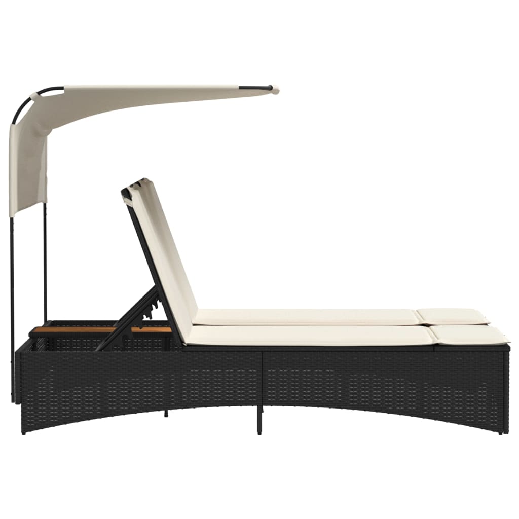 vidaXL Doppel-Sonnenliege mit Dach und Auflagen Schwarz Poly Rattan