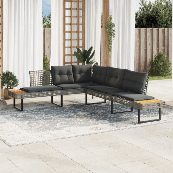 vidaXL Gartensofa in L-Form mit Kissen Schwarz Poly Rattan und Akazie