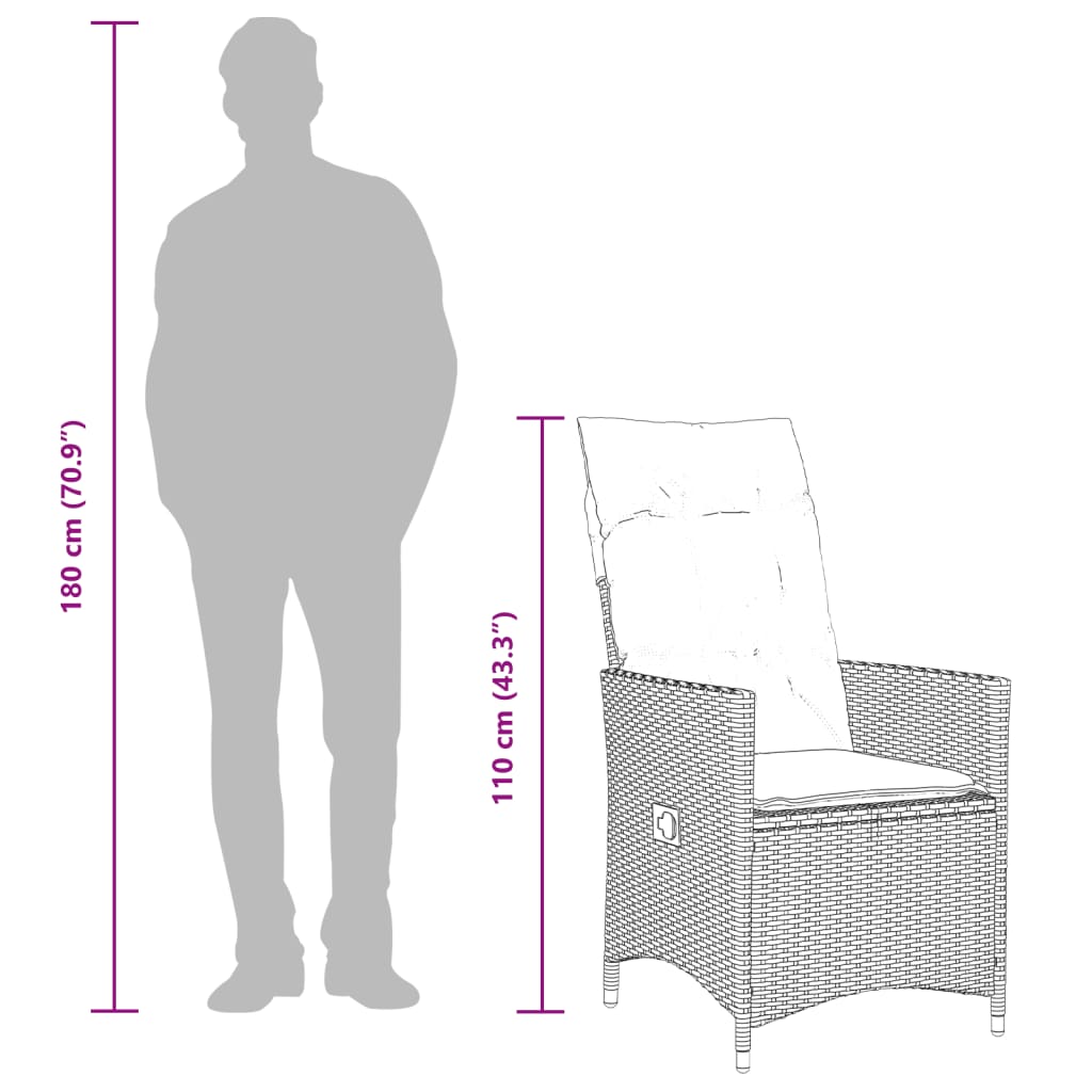 vidaXL Gartensessel Verstellbar mit Kissen Grau Poly Rattan