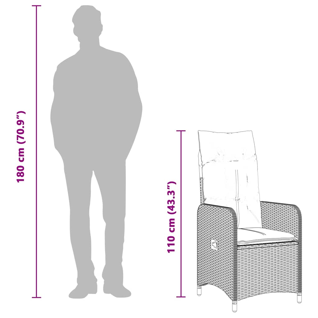 vidaXL Gartensessel Verstellbar mit Kissen Grau Poly Rattan