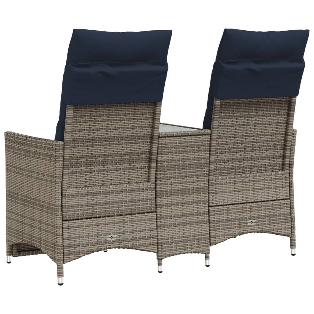 vidaXL Gartensofa Verstellbar 2-Sitzer mit Tisch Grau Poly Rattan