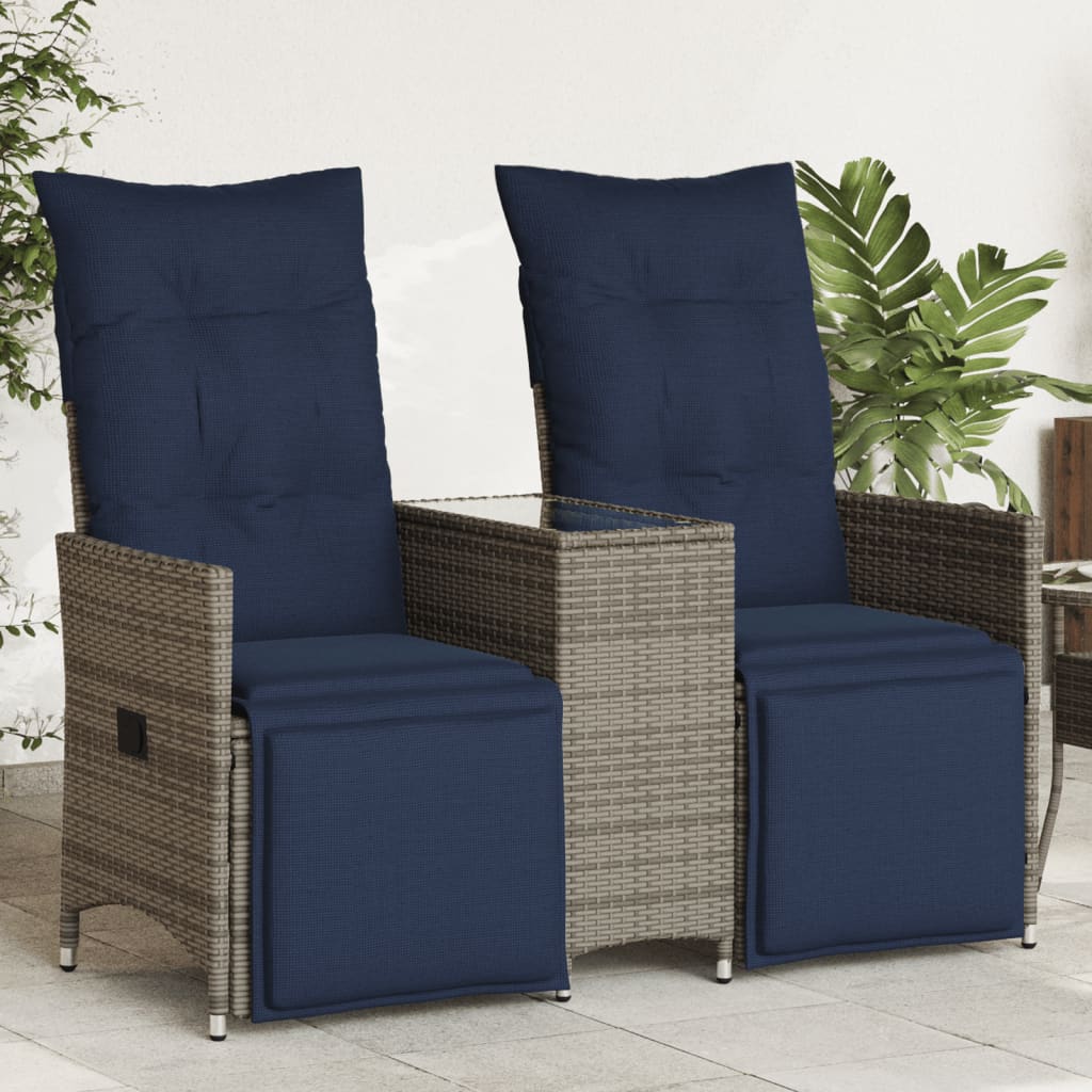 vidaXL Gartensofa Verstellbar 2-Sitzer mit Tisch Grau Poly Rattan