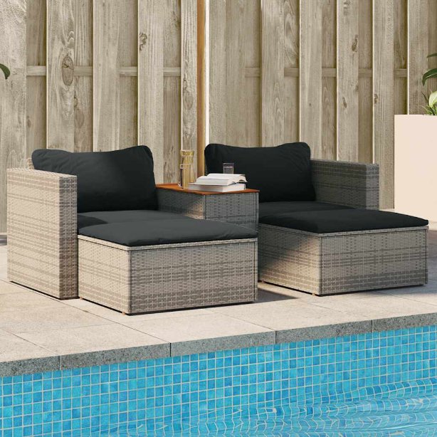 vidaXL 5tlg. Garten-Sofagarnitur mit Kissen Schwarz Poly Rattan Akazie