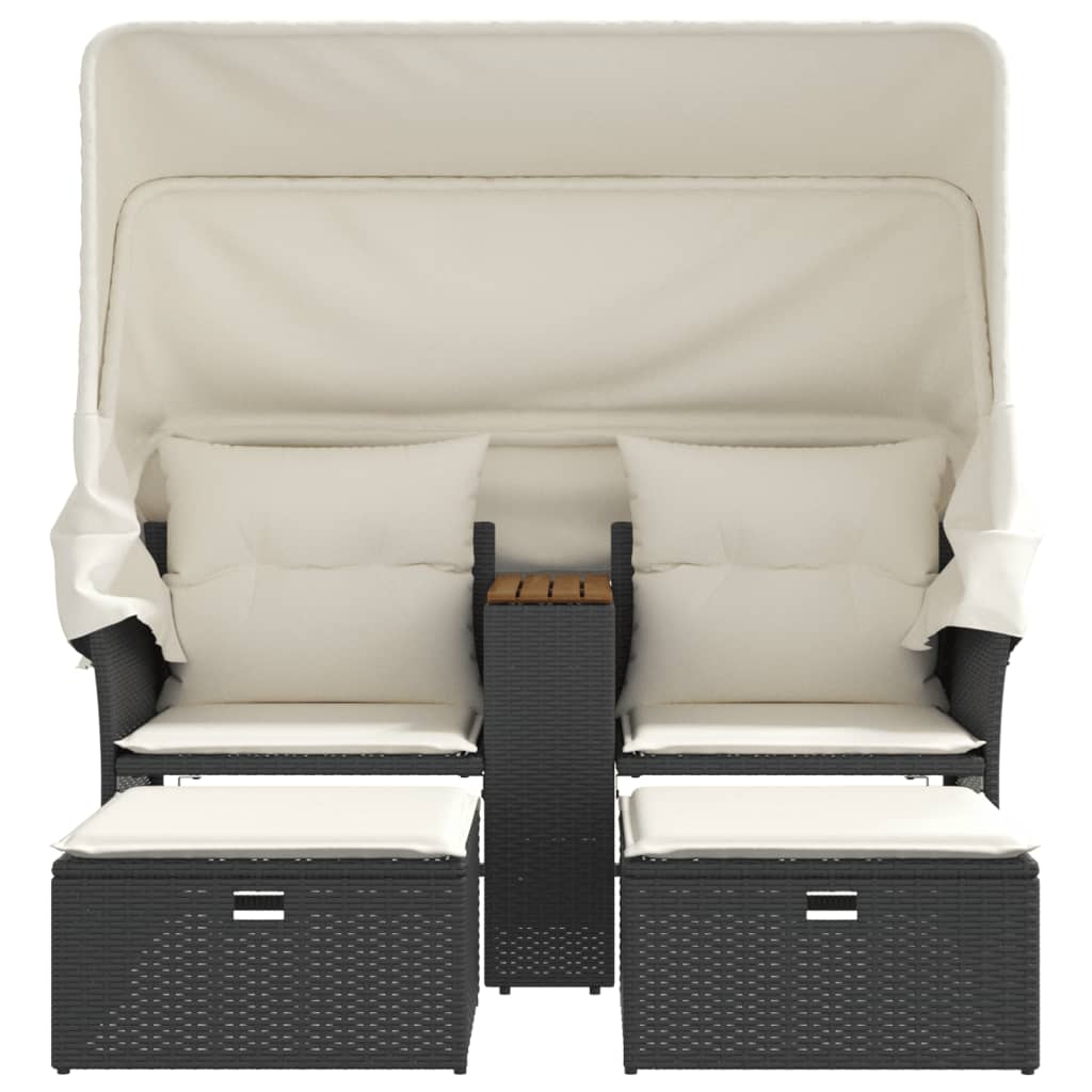 vidaXL Gartensofa 2-Sitzer mit Dach und Hockern Schwarz Poly Rattan
