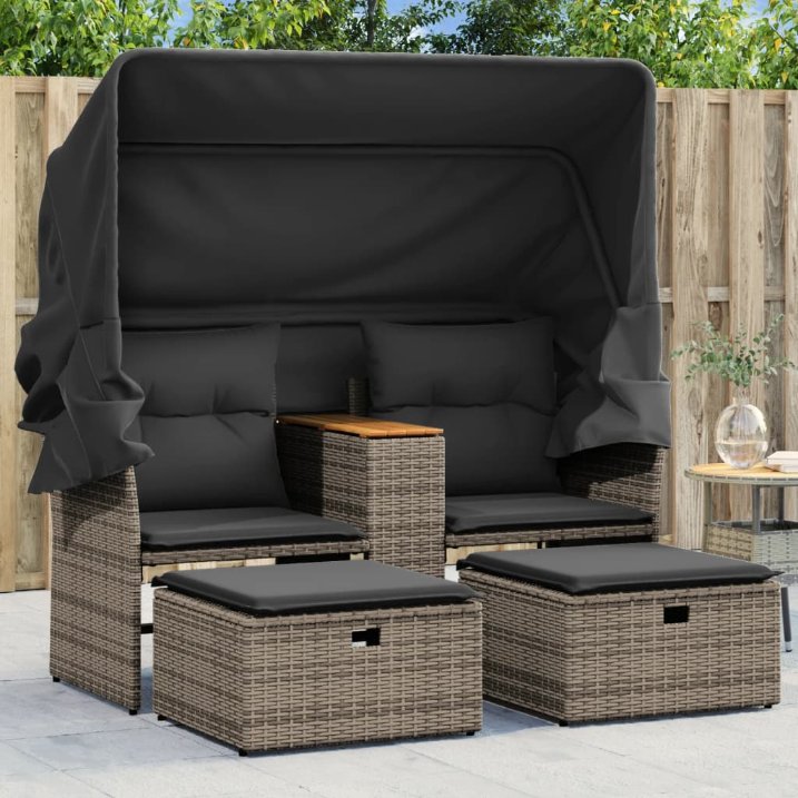 vidaXL Gartensofa 2-Sitzer mit Dach und Hockern Schwarz Poly Rattan