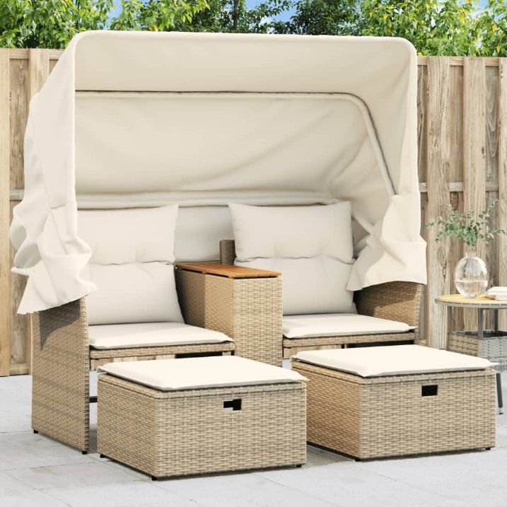 vidaXL Gartensofa 2-Sitzer mit Dach und Hockern Schwarz Poly Rattan