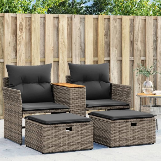 vidaXL Gartensofa 2-Sitzer mit Dach und Hockern Schwarz Poly Rattan