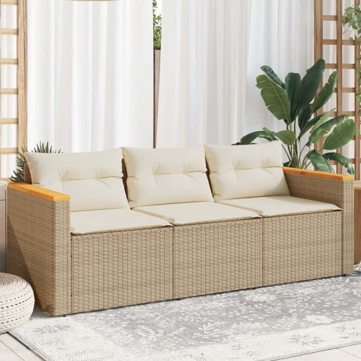 vidaXL Gartensofa mit Kissen 3-Sitzer Schwarz Poly Rattan