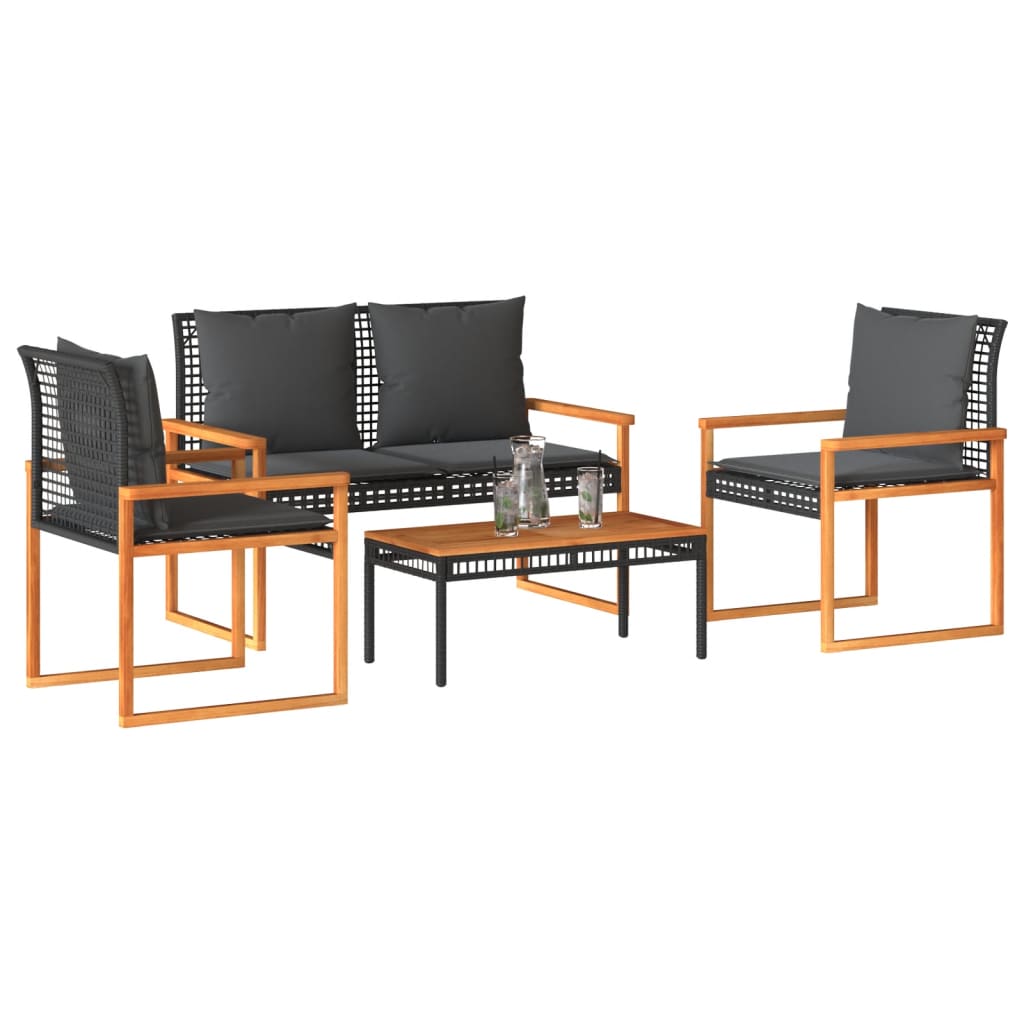 vidaXL 4-tlg. Garten-Lounge-Set mit Kissen Schwarz Poly Rattan