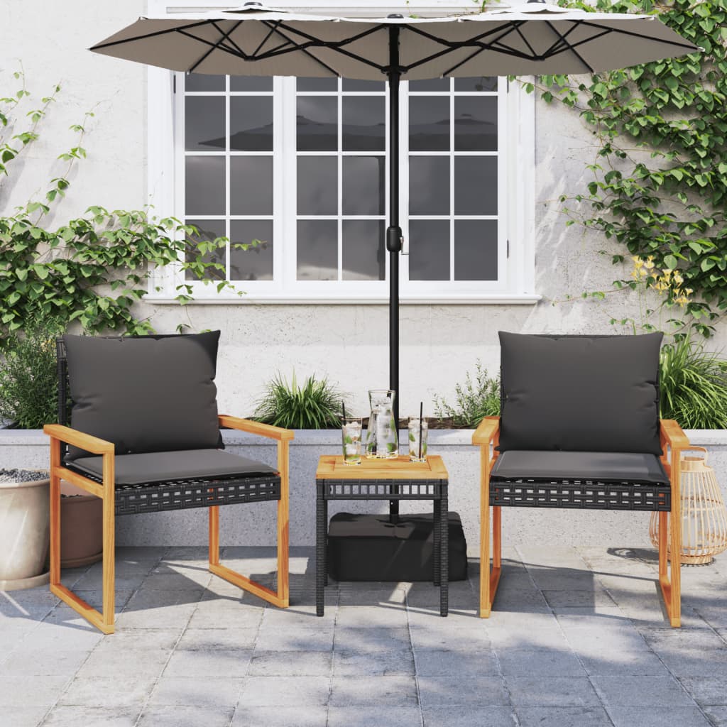 vidaXL 3-tlg. Bistro-Set mit Kissen Schwarz Poly Rattan Akazienholz