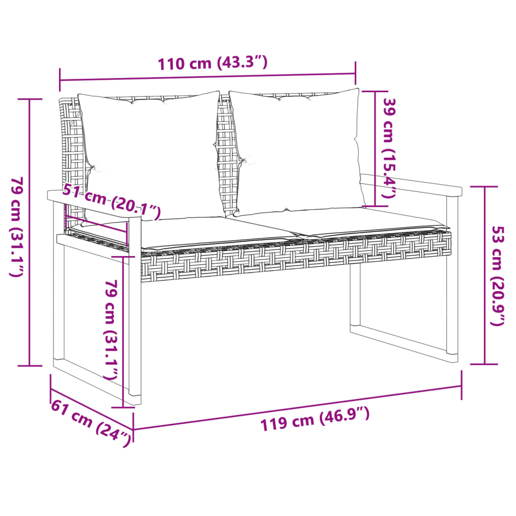 vidaXL Gartenbank mit Kissen Schwarz Poly Rattan Akazienholz