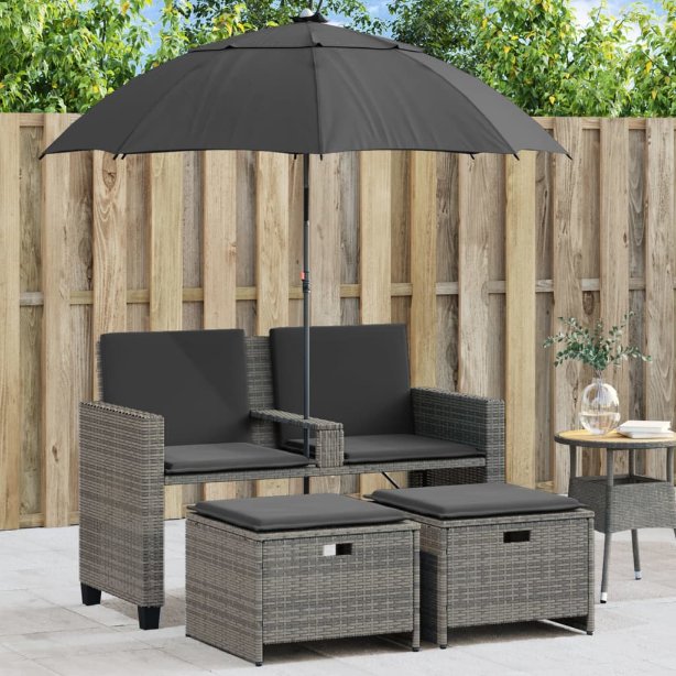 vidaXL Gartensofa 2-Sitzer Sonnenschirm und Hocker Schwarz Poly-Rattan
