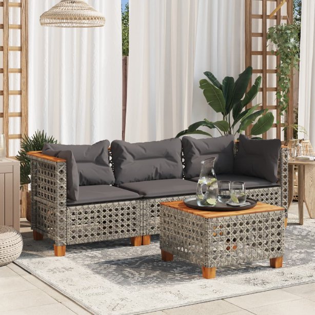 vidaXL Garten-Ecksofa mit Kissen Schwarz Poly Rattan