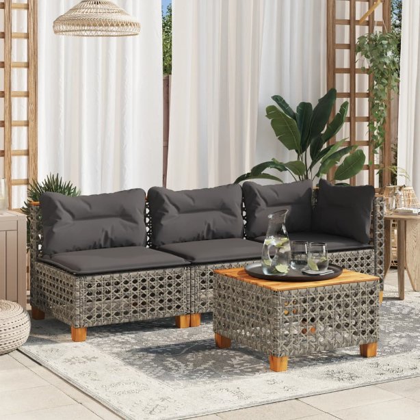 vidaXL Garten-Ecksofa mit Kissen Schwarz Poly Rattan