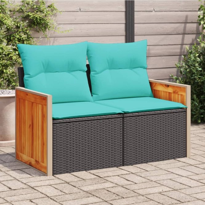 vidaXL Gartensofa mit Kissen 2-Sitzer Schwarz Poly Rattan