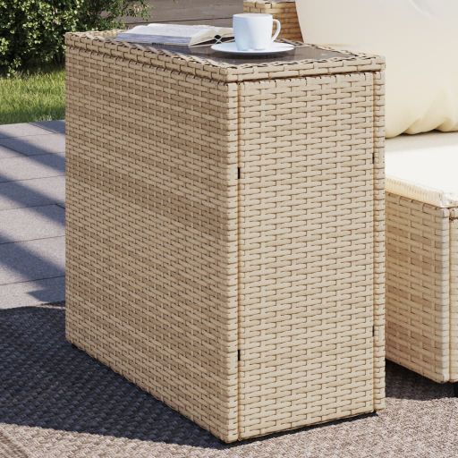 vidaXL Garten-Beistelltisch mit Glasplatte Schwarz 58x27,5x55cm Rattan
