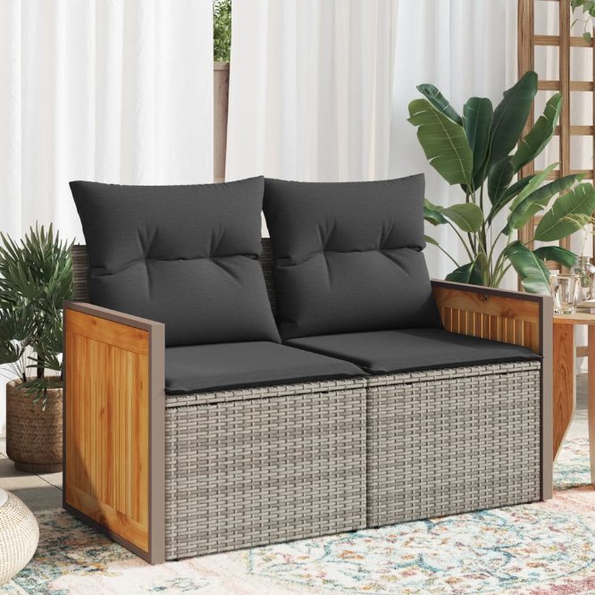 vidaXL Gartensofa mit Kissen 2-Sitzer Schwarz Poly Rattan
