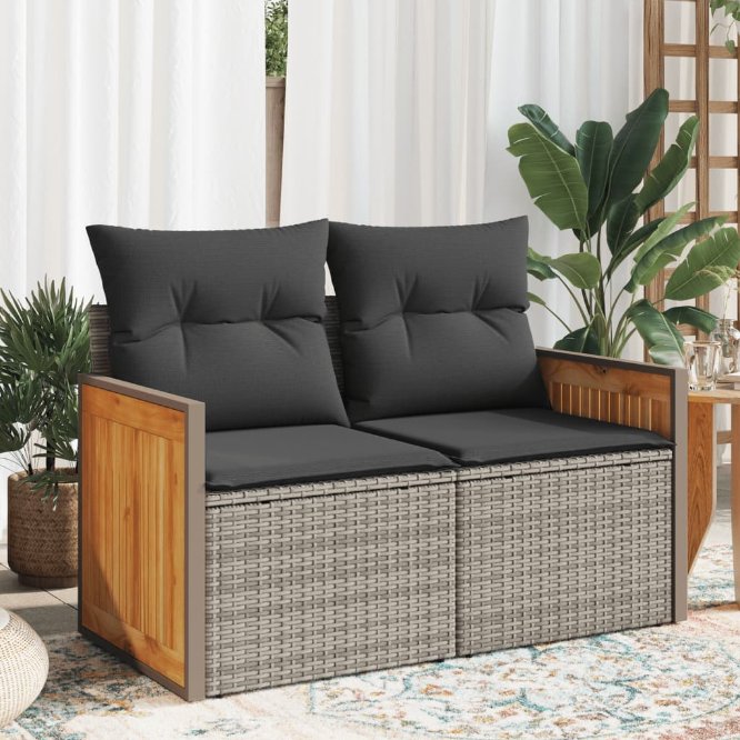 vidaXL Gartensofa mit Kissen 2-Sitzer Schwarz Poly Rattan