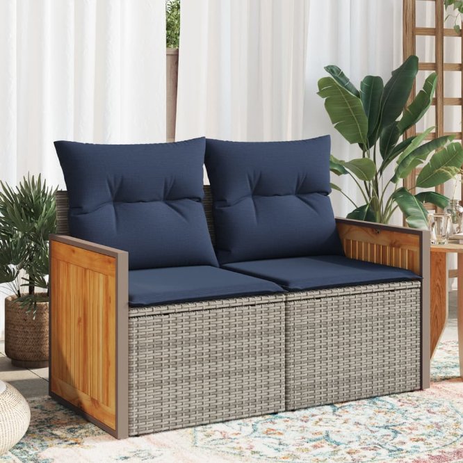 vidaXL Gartensofa mit Kissen 2-Sitzer Schwarz Poly Rattan